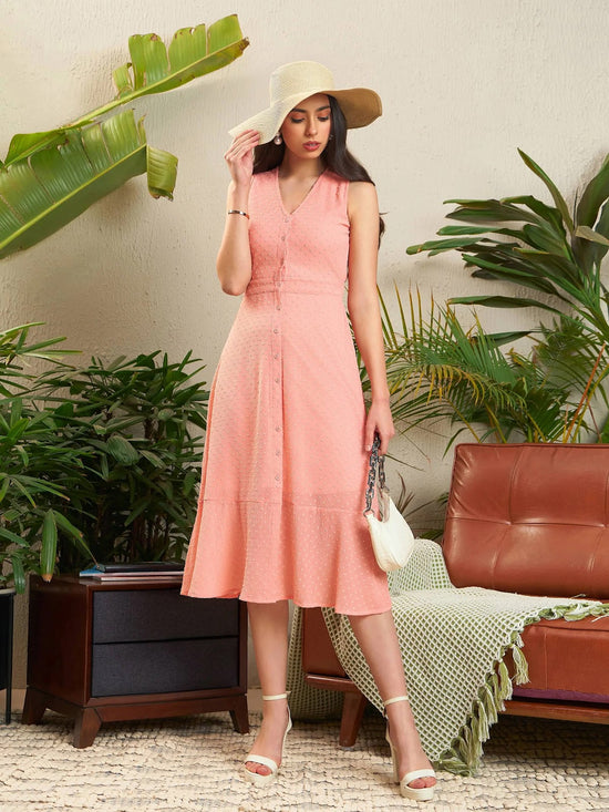 Women Peach Dobby Frill Hem Midi Dress