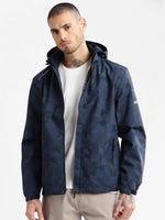 Men Hooded Navy Blue Geometric Tailored Oversized Jacket comes with Detachable Hoodie-2627-Navyblue