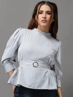 Women's Grey Solid Peplum Top-AE-10323-Grey