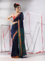 Navy Blue Cotton Saree With Stripes Zari Pallu-MA55CT06520101