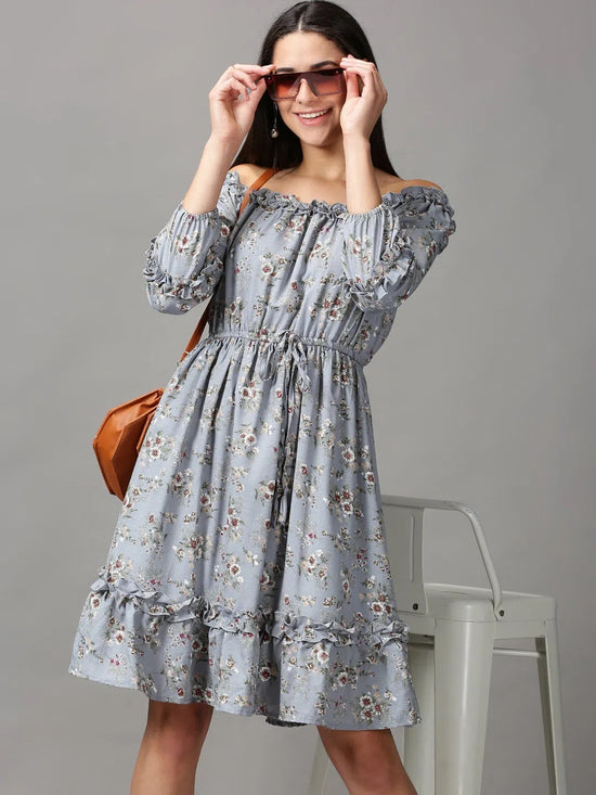 Women's Blue Printed Fit and Flare Dress-HQ-7-1-Blue