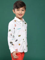 Tales & Stories White Printed Cotton Shirt For Boys