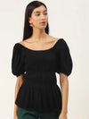 Black Smocking Peplum Top