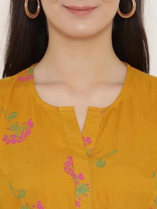 Short Block printed dress with front placket and side gathers in Mustard