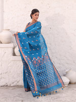 Teal Blue Cotton Saree With Zari Border-MA54BCT041380033