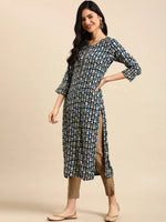 Women's Blue Printed Straight Kurta-AT-A596-K-Teal