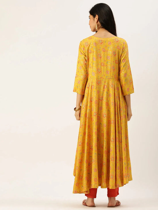 Women's Yellow Printed Anarkali Kurtas-AT-A408-LG-Yellow