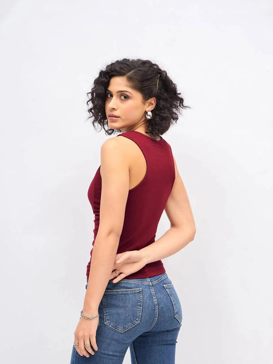 Women Maroon Box Back Front Ruched Top