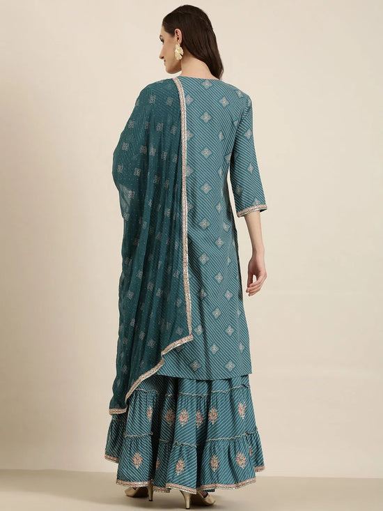 Women Teal Printed Kurta Set-FS-2915-Teal