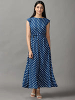 Women's Blue Polka Dots Fit and Flare Dress-AE-15690-Teal