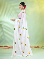 All Over Thread Embroidery White Cotton Handspun Saree-MA62CH33660053