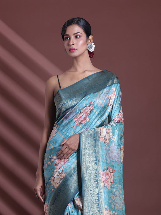 Teal Blue Floral Print Silk Soft Saree With Zari Border-MA60BSL011265018