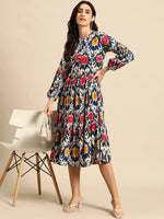 Midi Layered dress with balloon sleeve in Blue and Pink Ikkat Print