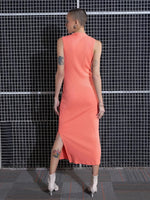 Women Peach Rib Side Slit Bodycon Midi Dress