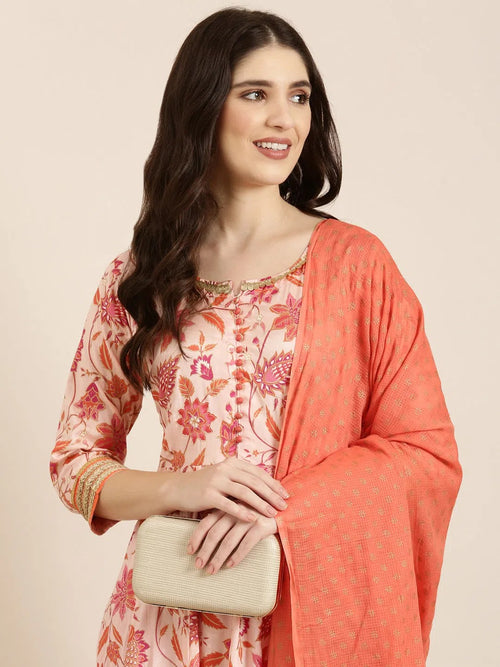 Women Peach Floral Anarkali Kurta-FS-3059-Peach