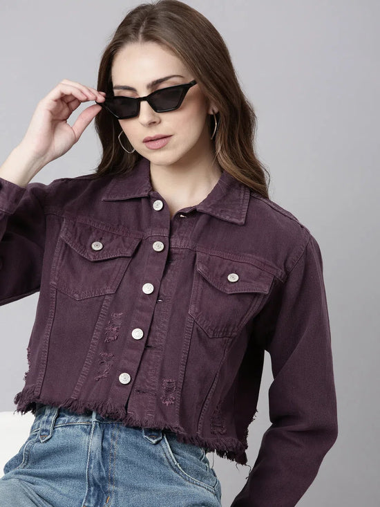 Women Purple Solid Denim Jacket-GZ-5599-Purple