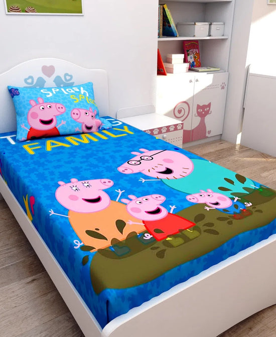 Athom Living Family Peppa Pig Digital Printed Cotton Kids Single Bedsheet 147x223 cm with Pillow Cover-PEP-03-243-S