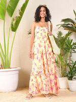 Women Yellow Floral Strappy Ruflle Maxi Dress