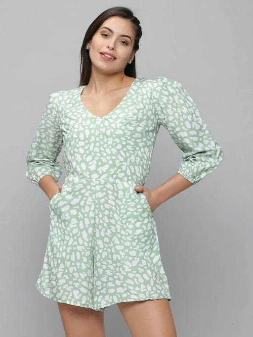 Women's Green Printed Jumpsuit-AE-9983-Green