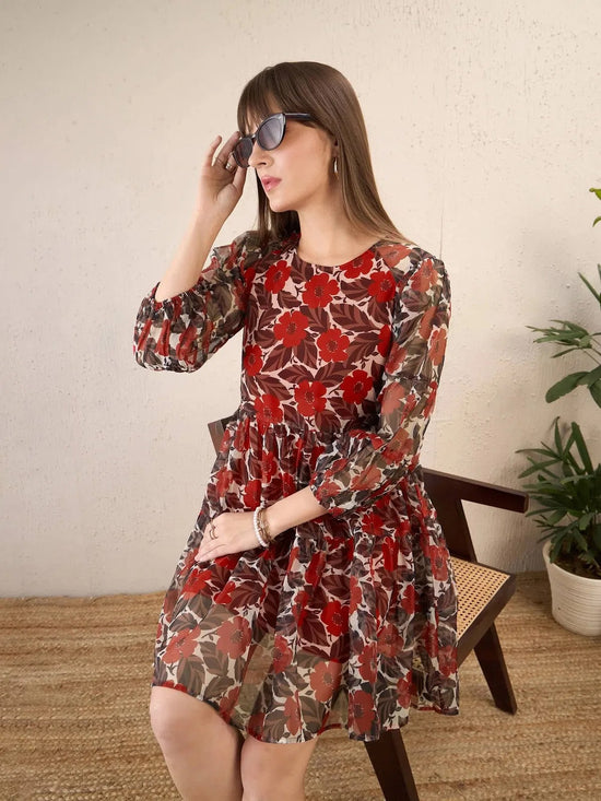 Women Red Floral Organza Tiered Short Dress