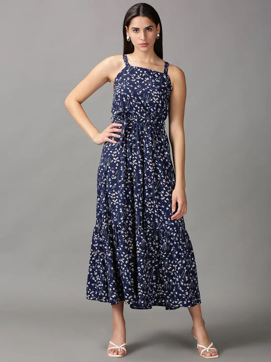 Women's Navy Blue Floral Fit and Flare Dress-AE-15665-Navyblue