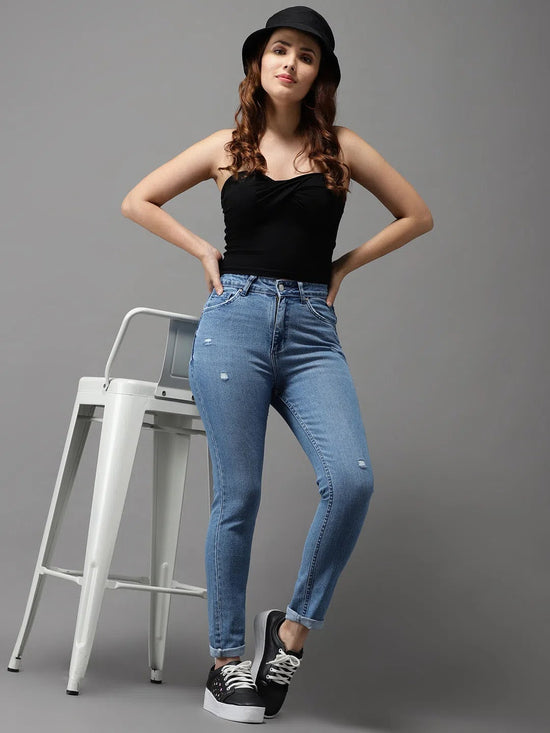 Women's Blue Solid Slim Fit Denim Jeans-GZ-5206-Blue