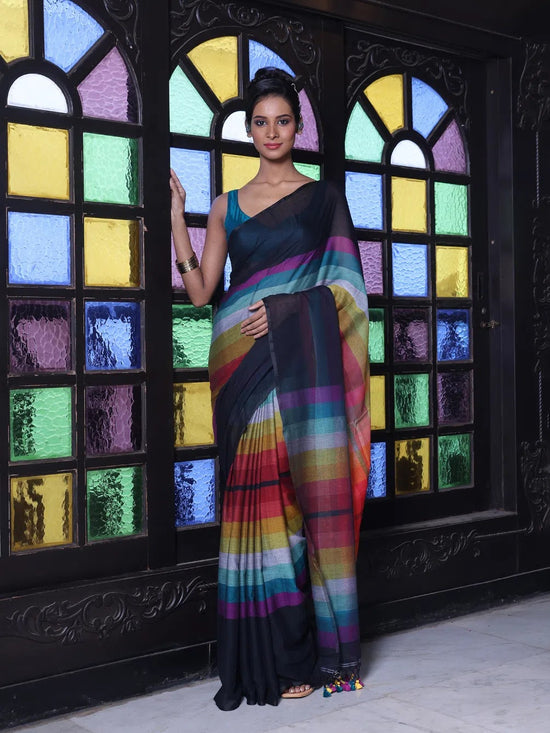 Black And Multicolor Colorblocked Mulmul Cotton Saree-MA64MCT33770059