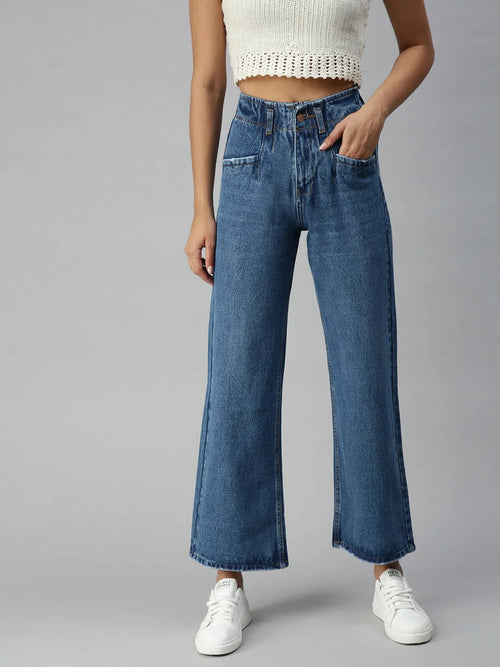 Women's Blue Solid Denim Wide Leg Jeans-GZ5042A-Blue