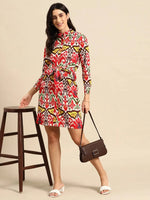 Front tie up shirt dress in Red and Cream Ikkat Print