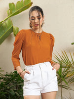 Women Rust Dobby Puff Sleeves Regular Top