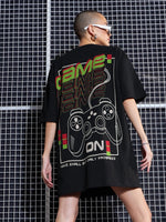 Women Black GAME ON Printed Oversized T-Shirt Dress