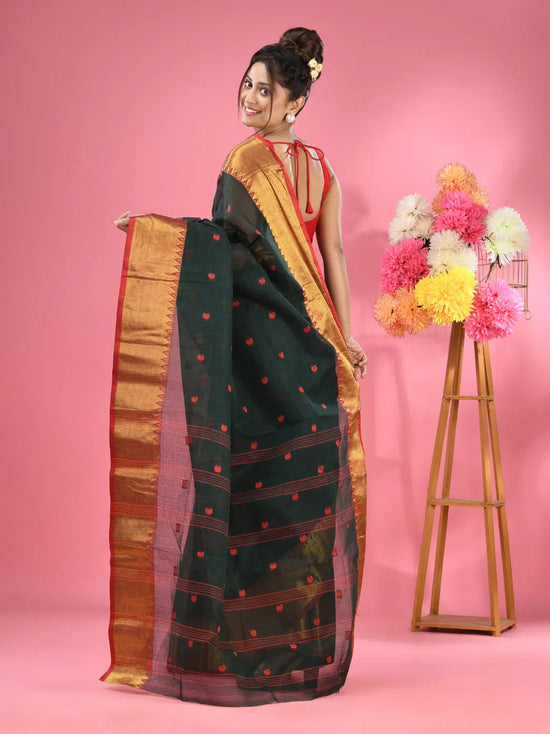 Dark Green Pure Cotton Tant Saree With Zari Border-MA51TT43540045