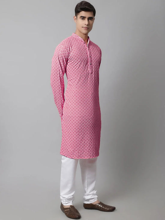 Men Pink Chikankari Embroidered and Sequence Kurta with Churidar-JOKP-678Pink