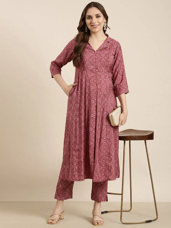 Women A-Line Pink Ethnic Motifs Kurta and Trousers Set-RJF-048-Pink