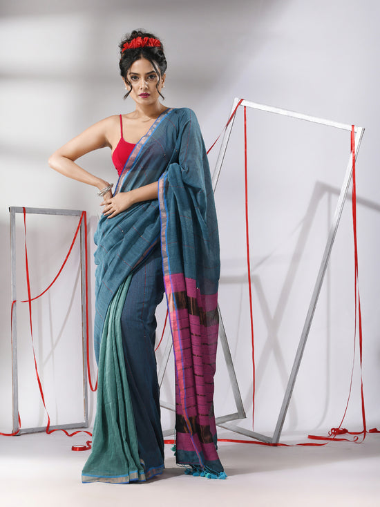 Teal Cotton Saree With Sequine Work And Zari Stripe Pallu-MA55CT06520120