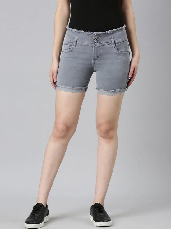 Women Grey Solid Denim Shorts-LT-S-102244-Grey