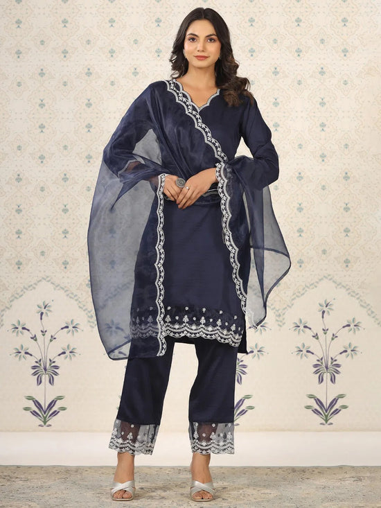 Avanshee Women's Latest Solid Embroidred Silk Blend Kurta, Pant With Dupatta Set-ES-7527-NB