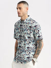 Men Spread Collar Abstract Sea Green Casual Shirt-REVERIE-2106-Seagreen