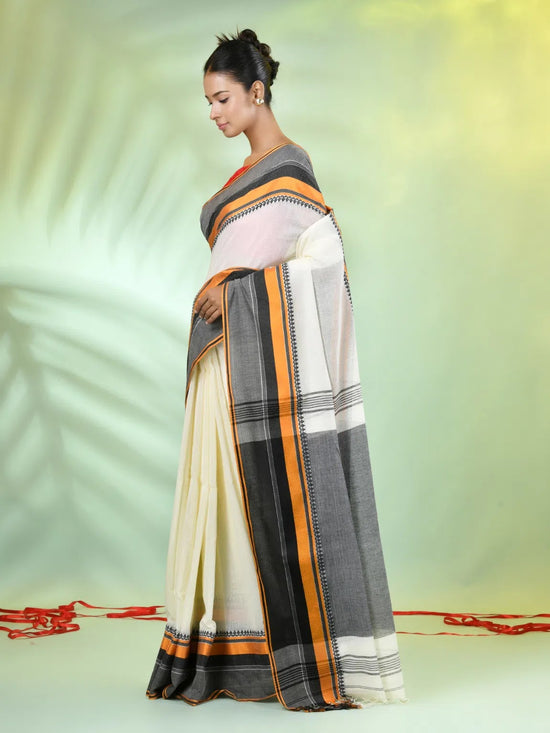 Off White Cotton Saree With Temple Borders-MA66CT43640015