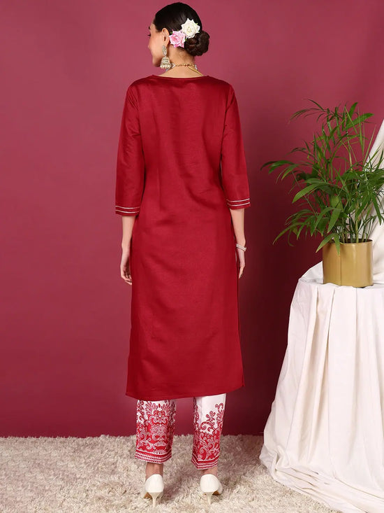 Ahika Women Red Silk Blend Embroidered Straight Kurta Pant Set