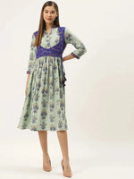 Printed Midi dress with mock waistcoat in pista green