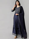 Ahika Women Navy Blue Solid Embroidered Kurta Sharara With Dupatta