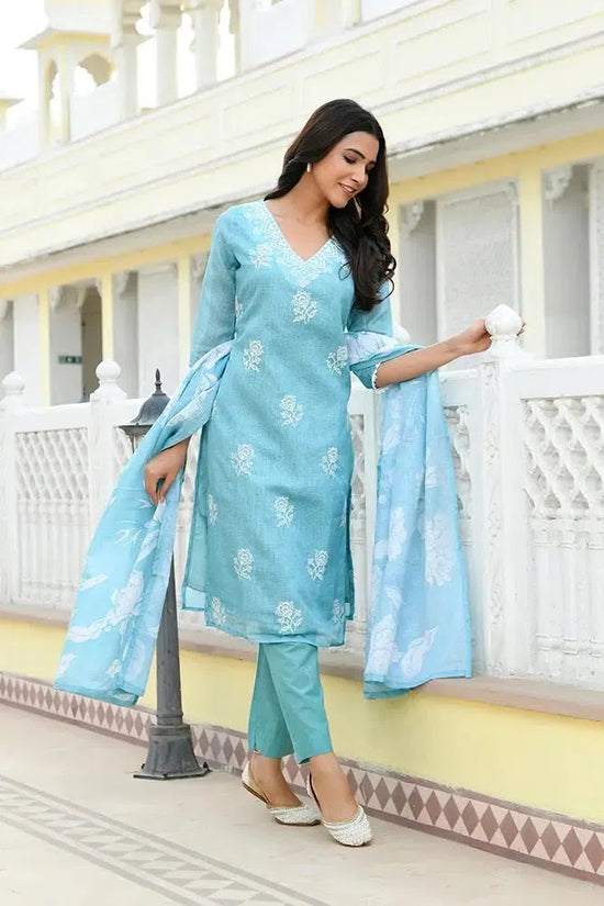 Vaasva Women Blue Kota Doria Embroidered Solid Kurta Set With Solid Pants & Printed Dupatta-144-Vaas-Blue