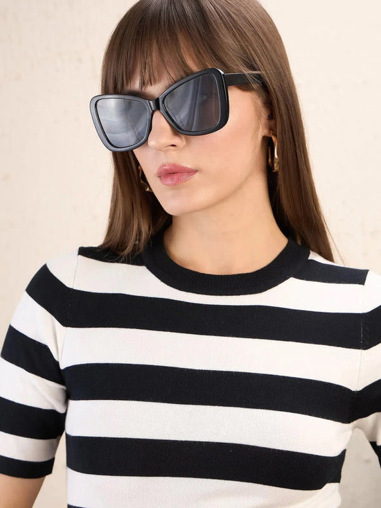 Women Black & White Striped Acrylic Top