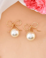 Gold Plated Pearl & Bow Shaped Classic Drop Earrings-VOJ368