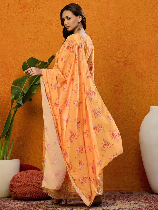 Ahika Polyester Floral Orange Indian Ethnic