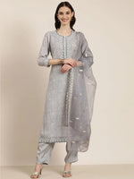 Women Grey Floral Kurta Set-GW-3653-Grey