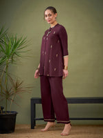 Women Burgundy Rayon Mirror Embroidered Shirt With Palazzos