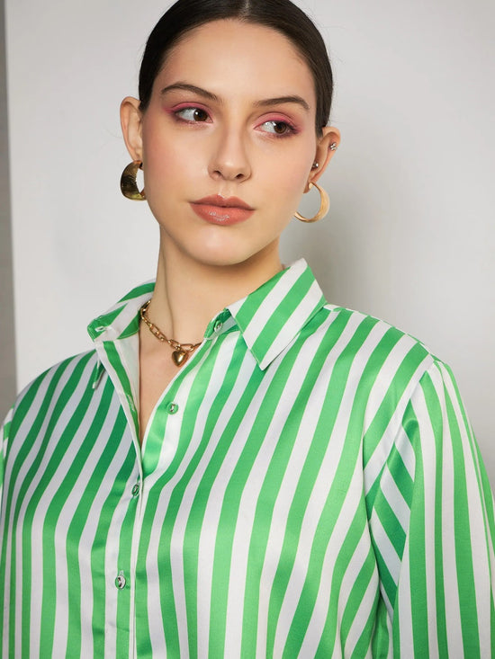 Women Green & White Satin Striped Shirt