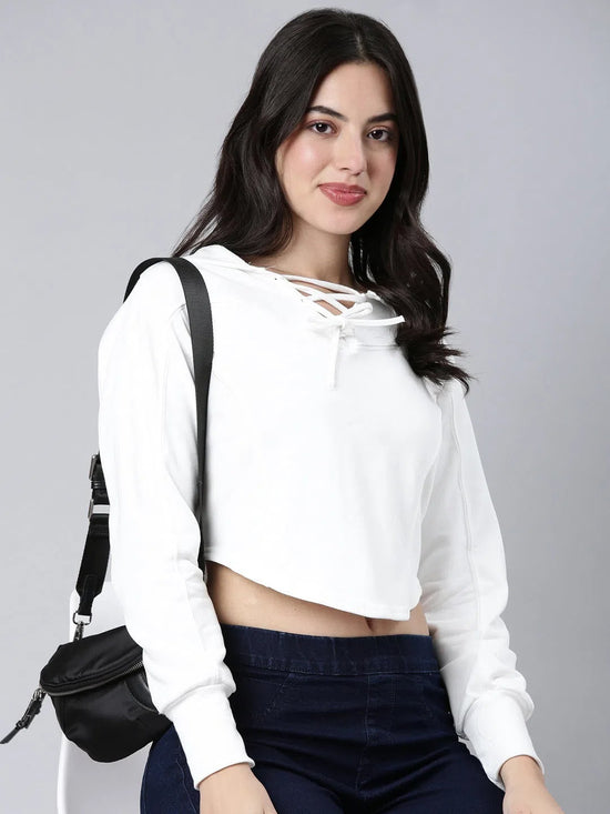 Women Solid White Crop Sweatshirt-2283-White